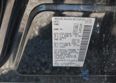 2014 Nissan Pathfinder S/Sv/Sl/Platinum z USA, uszkodzony, nr VIN 5N1AR2MN7EC715001